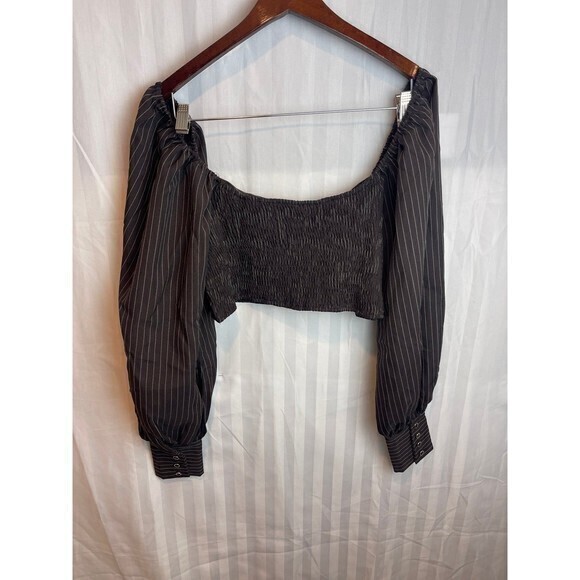 Chic Pinstripe Balloon Sleeve Smocked Back Brown Top Size Large RefM004 - Picture 10 of 11